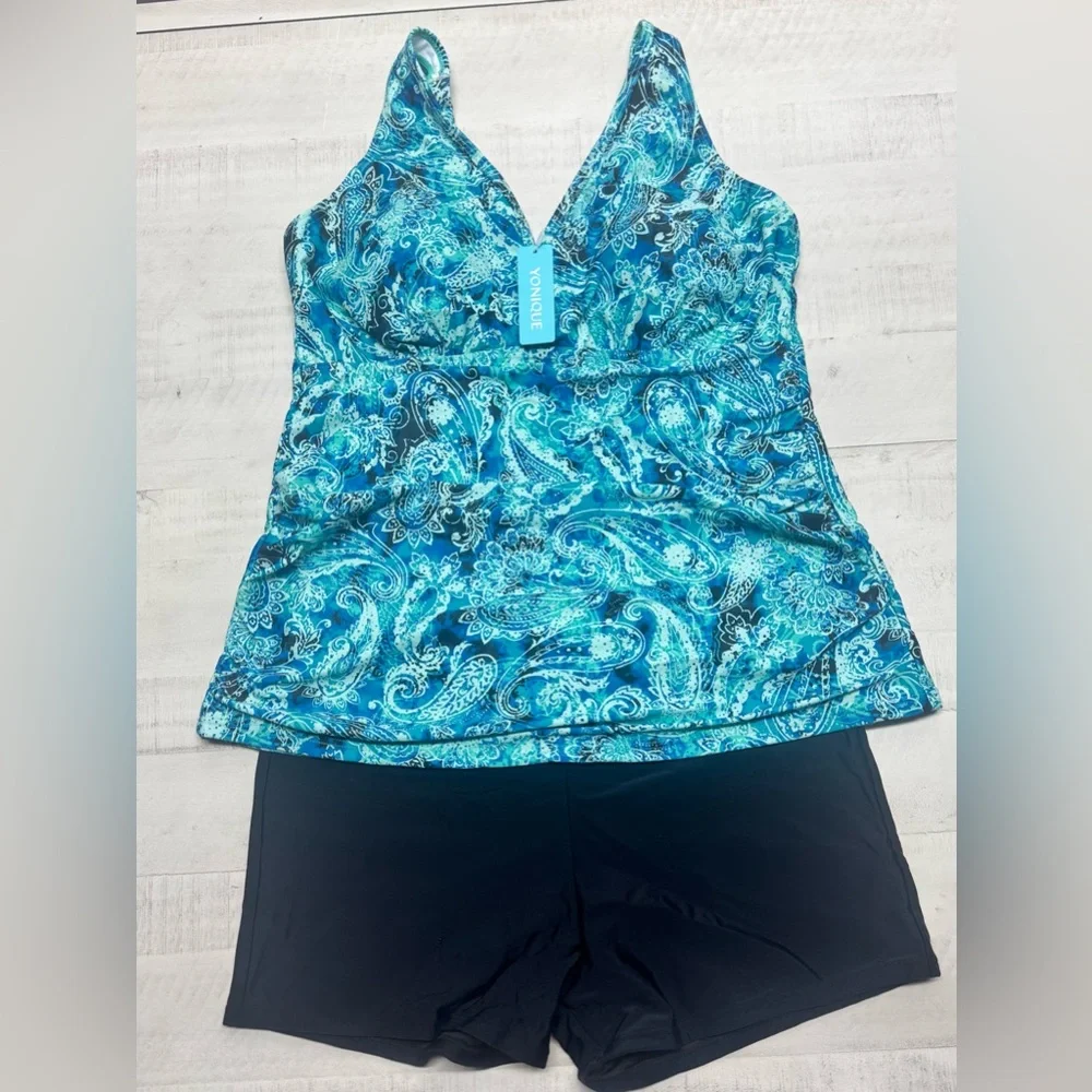 Yonique Plus Size Tummy Control Tankini Two Piece Bathing Suit Athletic Swimwear - Picture 3 of 10